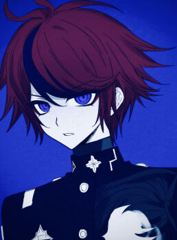 1boy antenna_hair black_hair black_jacket blue_background blue_eyes buttons colored_skin hair_between_eyes highres iro_(kakerairo) jacket last_defense_academy_school_uniform male_focus multicolored_hair portrait red_hair school_uniform short_hair solo streaked_hair sumino_takumi the_hundred_line_-last_defense_academy- tsurime turtleneck two-tone_hair v-shaped_eyebrows white_skin