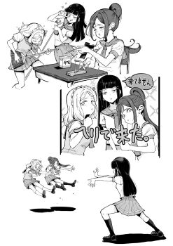 >_< 3girls :3 :d ;d blunt_bangs blunt_ends braid breasts chair closed_eyes commentary_request crown_braid desk drink_carton greyscale hair_rings heart high_ponytail highres kneehighs kurosawa_dia loafers long_hair love_live! love_live!_sunshine!! matsuura_kanan medium_breasts milk_carton miniskirt mole mole_under_mouth monochrome multiple_girls neckerchief ohara_mari one_eye_closed open_mouth pleated_skirt ponytail school_chair school_desk school_uniform serafuku shoes short_sleeves sidelocks single_hair_ring skirt smile socks speech_bubble sto summer_uniform tie_clip translation_request unconventional_guitar uranohoshi_school_uniform v-shaped_eyebrows vest x3 xd