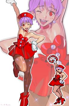 1girl arm_up bare_shoulders breasts choker cleavage commentary darkstalkers dress earrings english_commentary flat_chest full_body gloves hand_on_own_hip hat high_heels highres holding_tambourine jewelry lilith_(darkstalkers) linesharkart looking_at_viewer nurse_cap official_alternate_costume one_eye_closed open_mouth pantyhose pearl_earrings pearl_ornament pixel_art_inset purple_hair red_choker red_dress red_eyes red_hat red_shoes reference_inset shoes short_hair smile solo sparkle sphere_earrings sprite standing standing_on_one_leg strapless strapless_dress teeth upper_teeth_only white_gloves