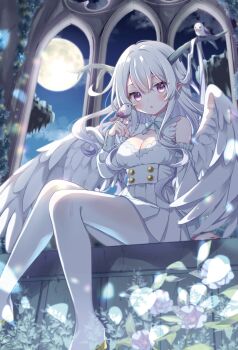1girl absurdres angel_wings arm_support bird bird_on_hand blush bow bowtie breasts cleavage cleavage_cutout clothing_cutout detached_sleeves double-parted_bangs dress from_below full_moon gomano_rio hair_between_eyes highres horns knees_together_feet_apart liver_city long_hair long_sleeves looking_at_viewer looking_down medium_breasts mole mole_on_breast moon night original pantyhose parted_lips pleated_dress pointy_ears purple_eyes purple_nails shade short_dress sidelocks sitting solo white_bow white_bowtie white_dress white_hair white_pantyhose white_sleeves white_wings wings
