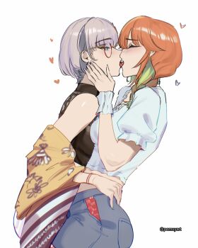 2girls aqua_eyes black_shirt blouse blue_shorts bracelet braid breasts closed_eyes colored_inner_hair commentary cropped_shirt denim denim_shorts english_commentary french_kiss from_side glasses gradient_hair green_hair grey_hair hair_flaps hand_on_another&#039;s_cheek hand_on_another&#039;s_face hand_on_another&#039;s_hip heart highres hololive hololive_english hololive_indonesia jewelry kiss low_twin_braids medium_breasts medium_hair multicolored_hair multiple_girls official_alternate_costume official_alternate_hair_length official_alternate_hairstyle open_mouth orange_hair pants pavolia_reine pavolia_reine_(indonesian_casual) pomuya shawl shirt short_hair short_shorts short_sleeves shorts simple_background sleeveless sleeveless_shirt takanashi_kiara takanashi_kiara_(casual) tongue tongue_out twin_braids virtual_youtuber white_background white_pants white_shirt yellow_shawl yuri