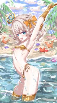 1girl :3 arm_up armpits arms_up beach bikini blue_eyes blush bow breasts cloud crab crown day flat_chest from_side gloves gold_bikini hair_bow hitsuji_maiko loli looking_at_viewer marimari_(vtuber) medium_hair micro_bikini navel ocean open_mouth outdoors palm_leaf palm_tree parasol phase_connect sand side-tie_bikini_bottom sky small_breasts smile solo standing starfish stomach swimsuit thighhighs tree umbrella virtual_youtuber wading water yellow_bikini yellow_gloves yellow_thighhighs