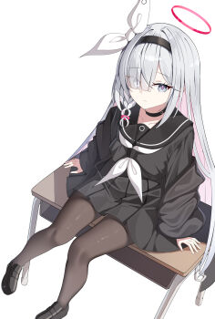1girl absurdres black_choker black_hairband black_jacket black_pantyhose black_sailor_collar black_serafuku black_shirt black_shoes black_skirt blue_archive bow braid choker closed_mouth collarbone colored_inner_hair commentary desk grey_eyes grey_hair hair_bow hair_over_one_eye hairband halo highres jacket long_hair long_sleeves looking_at_viewer miniskirt multicolored_hair neckerchief off_shoulder on_desk pantyhose pink_hair pink_halo plana_(blue_archive) red_pupils sailor_collar sailor_shirt school_uniform serafuku shirt shoes side_braid simple_background single_braid sitting skirt sob_(submar1089) solo two-tone_hair very_long_hair white_background white_bow white_neckerchief
