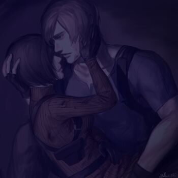 1boy 1girl ada_wong black_gloves black_hair black_shirt breasts brown_hair chest_harness collarbone couple dress fingerless_gloves gloves hand_on_another's_head harness hetero highres kurumi031212 leon_s._kennedy long_sleeves looking_at_another medium_breasts nose profile red_dress resident_evil resident_evil_2 ribbed_dress shirt short_hair short_sleeves sweater sweater_dress t-shirt turtlneck_sweater