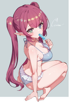 1girl absurdres barefoot bikini blue_bikini blue_eyes blush breasts cleavage commentary commission cream_(nipakupa) food food_in_mouth frilled_bikini frills full_body green_eyes grey_background halterneck heterochromia highres holding holding_food holding_popsicle indie_virtual_youtuber large_breasts long_hair median_furrow nishiogu_irori pixiv_commission popsicle popsicle_in_mouth red_hair sidelocks signature simple_background sitting soles solo swimsuit toes twintails very_long_hair virtual_youtuber wariza