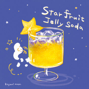 Rule 34 | artist name, blue background, cup, drink, drinking glass, food, food focus, food name, fruit, highres, ice, ice cube, kagami mayo, no humans, original, soda, star (symbol), starfruit, starfruit slice