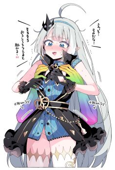 1girl absurdres ahoge armpit_carry belt black_belt black_dress black_gloves black_ribbon blue_dress blue_eyes blush chess_piece coat_dress commentary_request disembodied_hand dress ear_blush extra_pupils fang female_tyrant_(stella_sora) flying_sweatdrops frilled_dress frilled_gloves frills gloves grey_hair hair_ornament highres himiya_jouzu huge_ahoge jewelry key key_necklace layered_dress lifting_person neck_ribbon necklace nervous_sweating no_panties open_mouth pointy_ears ribbon simple_background skin_fang sleeveless sleeveless_dress smile solo stella_sora sweat thighhighs translation_request tyrant_(stella_sora) white_background white_thighhighs