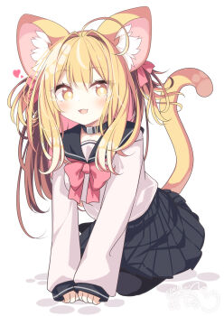 1girl :d ahoge animal_ears black_collar black_pantyhose black_sailor_collar black_skirt blonde_hair bow brown_eyes collar commission daidai_ookami fang hair_intakes highres long_hair long_sleeves looking_at_viewer open_mouth original pantyhose pink_bow pleated_skirt puffy_long_sleeves puffy_sleeves sailor_collar school_uniform serafuku shirt signature simple_background skeb_commission skirt sleeves_past_wrists smile solo tail white_background white_shirt