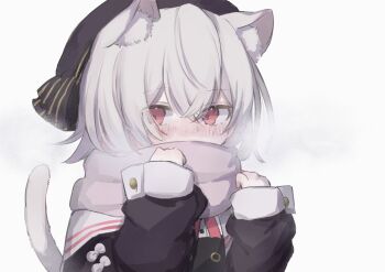 1girl adjusting_scarf animal_ear_fluff animal_ears arazan_(ara_arazan24) beret black_dress black_hat black_jacket blush breath cat_ears cat_tail covered_mouth dress hair_between_eyes hat hat_ribbon highres jacket long_sleeves pink_eyes puffy_long_sleeves puffy_sleeves ribbon sayo_(voicevox) scarf short_hair simple_background sleeve_bow sleeve_cuffs sleeves_past_wrists solo tail upper_body voicevox white_background white_hair