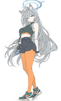 1girl alternate_costume black_shoes black_skirt blue_archive blue_halo commentary english_commentary full_body grey_hair halo highres long_hair looking_at_viewer midriff orange_pantyhose pantyhose shiroko_terror_(blue_archive) shoes simple_background skirt sneakers solo t1kosewad white_background
