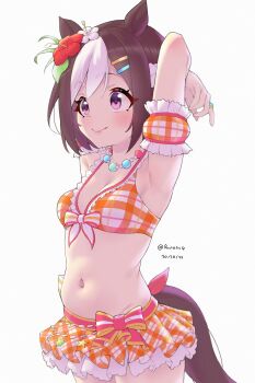 1girl absurdres animal_ears bikini breasts brown_hair commentary english_commentary flower hair_flower hair_ornament highres horse_ears horse_girl horse_tail jewelry multicolored_hair navel official_alternate_costume orange_bikini plaid_bikini plaid_clothes purple_eyes ruinone small_breasts smile solo special_week_(umamusume) swimsuit tail twitter_username umamusume white_background