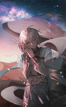 Rule 34 | 1boy, bamcream, blue eyes, commentary, commission, cowboy shot, desert, english commentary, grey hair, hair between eyes, holding seashell, long sleeves, male focus, original, outdoors, pants, parted lips, shirt, short hair, solo, white pants, white shirt