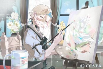 1boy apron aqua_flower black_apron black_shirt blonde_hair blue_hair box canvas_(object) chair cloud collared_shirt commentary_request copyright_notice cup curtains day easel flower from_side gerbera grey_eyes grey_shirt grin hair_between_eyes holding holding_paint_palette holding_paintbrush holostars indoors jyako_(utsugi_uyu) long_hair_between_eyes looking_at_viewer looking_to_the_side low_ponytail male_focus medium_hair mug multicolored_hair muntins official_art paint_palette paintbrush painting_(action) painting_(object) pink_hair ponytail shirt sleeve_garter sleeves_rolled_up smile solo streaked_hair table tray tree turtleneck turtleneck_shirt undershirt utsugi_uyu vase virtual_youtuber white_flower window yellow_flower yonemuro