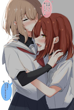 2girls akabeko123 bite_mark bite_mark_on_neck blood blood_from_mouth blood_on_neck blush brown_hair closed_eyes closed_mouth commentary_request fang hand_on_another&#039;s_shoulder hand_on_another&#039;s_waist heart highres layered_sleeves long_sleeves medium_hair multiple_girls neckerchief red_hair red_neckerchief sailor_collar school_uniform serafuku shirt short_hair short_over_long_sleeves short_sleeves skin_fang speech_bubble translation_request two_side_up undershirt watashi_wo_tabetai_hitodenashi white_sailor_collar white_shirt yaotose_hinako yashiro_miko yellow_eyes yuri