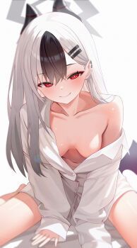 1girl absurdres black_hair black_horns blue_archive blush breasts bright_pupils closed_mouth collarbone commentary commission demon_horns demon_wings dot_nose downblouse dress_shirt earclip gimseol grey_halo hair_ornament hairclip halo highres horns kayoko_(blue_archive) leaning_forward lens_flare long_hair long_sleeves looking_at_viewer low_wings medium_breasts mole mole_on_collarbone multicolored_hair navel no_bra no_pants oversized_clothes oversized_shirt partially_open_shirt red_eyes shirt single_bare_shoulder single_off_shoulder single_wing sitting sleeves_past_wrists smile solo stomach two-tone_hair wariza white_hair white_pupils wings