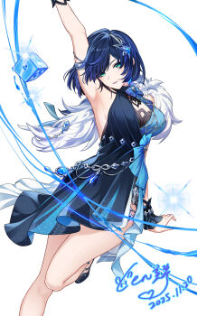 Rule 34 | 1girl, absurdres, arm up, armpits, artist name, backless bodysuit, backless dress, backless outfit, blunt bangs, bodysuit, breasts, cen (cenll), chinese commentary, commentary request, dated, dice, dress, earrings, fingerless gloves, fur-trimmed jacket, fur trim, genshin impact, gloves, gradient hair, green eyes, halter dress, halterneck, high heels, highres, jacket, jewelry, multicolored hair, purple lips, short hair, smile, solo, white background, white gloves, yelan (genshin impact), yelan (tranquil banquet) (genshin impact)