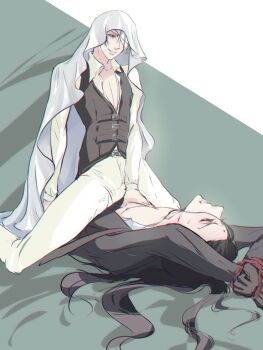 2boys bandage_over_one_eye bandaged_head bandages bdsm belt belt_buckle bindi black_hair blonde_hair blue_eyes bondage bound buckle clenched_teeth collar collarbone final_fantasy final_fantasy_vii final_fantasy_vii:_advent_children highres long_hair lying male_focus multiple_boys nipples pectorals pectorals rufus_shinra short_hair sitting sitting_on_person square_enix sweat sweatdrop teeth tseng turks_(ff7) veil wing_collar yaoi