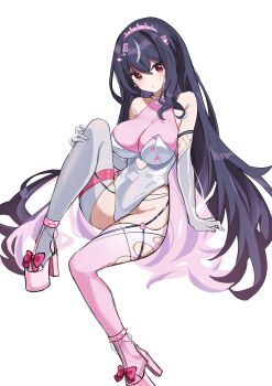 1girl absurdres bare_shoulders black_hair collar commentary_request commission elbow_gloves etoria gloves hair_ornament hairband highleg highleg_leotard highres leotard long_hair original pink_hairband pink_shirt pink_shoes platform_heels red_eyes shirt shoes simple_background sitting skeb_commission sleeveless sleeveless_shirt solo spiked_collar spiked_hairband spikes thighhighs torn_clothes torn_thighhighs very_long_hair white_background white_gloves white_leotard white_thighhighs