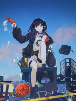 1girl absurdres ankle_socks arknights arm_support arm_up banknote bare_legs belt belt_collar black_belt black_jacket black_shoes black_socks blush bouquet building cityscape closure_(arknights) collar commentary_request dusk floating floating_object flower full_body hair_between_eyes highres holding_toy_gun id_card jacket knee_up long_hair long_sleeves looking_at_viewer money multiple_belts open_clothes open_jacket partial_commentary pointy_ears puffy_long_sleeves puffy_sleeves qingnianzi red_eyes red_flower red_rose rose shirt shoes short_shorts shorts sidelocks sitting skyscraper smile sneakers socks solo teeth thigh_strap two_side_up white_shirt white_shorts