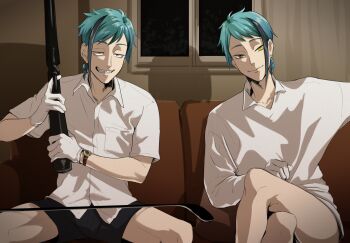 Rule 34 | 2boys, absurdres, black shorts, blue hair, collared shirt, commentary, couch, crossed legs, english commentary, floyd leech, funny games, gesugao, gloves, golf club, gun, heterochromia, highres, holding, holding gun, holding weapon, jade leech, male focus, multicolored hair, multiple boys, on couch, parody, rifle, ryuichirouart, shado, sharp teeth, shirt, short hair, short sleeves, shorts, siblings, sitting, smile, spread legs, streaked hair, teeth, twins, twisted wonderland, watch, weapon, white gloves, white shirt, window, wristwatch, yellow eyes