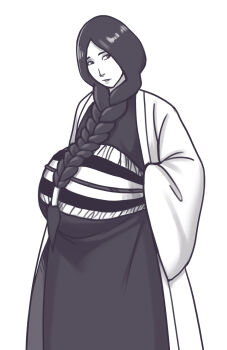 1girl asian black_hair black_kimono bleach bleach:_sennen_kessen-hen braid braided_ponytail commission commissioner_upload japanese_clothes kimono long_sleeves mature_female monochrome olympic-dames pregnant robe solo unohana_retsu white_robe