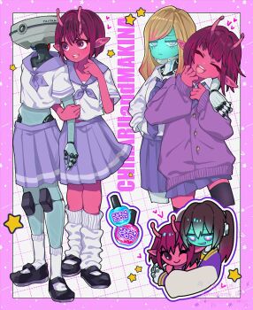 4girls :d ;) ^_^ alien android antennae aqua_eyes arm_around_shoulder arm_hug bare_arms black_shoes black_thighhighs blonde_hair border bright_pupils buttons cardigan character_request chromatic_aberration closed_eyes closed_mouth collared_shirt colored_skin colored_tips commentary_request cropped_legs frown full_body grid_background hand_up hands_up heart hug hug_from_behind humanoid_robot jitome kneehighs kujo_chiharu kurusu_makina_(milky_galactic_universe) legs_together long_sleeves looking_at_another looking_at_viewer maromichan mary_janes mechanical_arms mechanical_legs medium_hair medium_skirt milky_subway miniskirt multicolored_eyes multicolored_hair multiple_girls neckerchief necktie object_head one_eye_closed open_clothes open_mouth outline outside_border pink_border pink_eyes pleated_skirt pointy_ears puffy_long_sleeves puffy_sleeves purple_cardigan purple_neckerchief purple_necktie purple_sailor_collar purple_skirt red_hair red_skin robot round_teeth sailor_collar school_uniform shirt shoes short_hair short_sleeves simple_background skirt sleeves_past_wrists smile socks standing star_(symbol) teeth thighhighs three-quarter_sleeves tongue twintails two-tone_eyes two-tone_hair upper_teeth_only white_background white_outline white_pupils white_shirt white_socks zettai_ryouiki