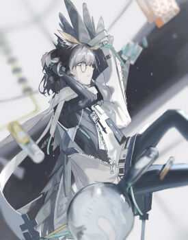 1girl absurdres arknights arms_up ay4_la black_leggings blurry blurry_background bracelet brown_hair brown_sweater commentary feather_hair feathered_wings feet_out_of_frame flask floating from_side glasses hand_on_own_head highres id_card infection_monitor_(arknights) jacket jewelry lanyard layered_clothes leggings long_sleeves looking_ahead medium_hair official_alternate_costume pale_color parted_lips partially_unzipped profile rhine_lab_logo ribbed_sweater round-bottom_flask round_eyewear scarf side_zipper silence_(arknights) silence_(frosted_breath)_(arknights) solo sweater teeth test_tube vial white_jacket white_scarf wings yellow_eyes