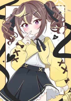 Rule 34 | 1girl, :<, absurdres, arm at side, bag, black bow, black ribbon, blonde streaks, blue archive, blue skirt, blush, border, bow, bright pupils, brown hair, closed mouth, collared shirt, commentary request, cowboy shot, finger to mouth, frilled skirt, frills, frown, gyaru, hair ornament, halo, hand up, handbag, heart, high-waist skirt, highres, holding, holding bag, index finger raised, jacket, kogal, long hair, looking at viewer, multicolored hair, neck ribbon, outside border, purple eyes, rena (blue archive), ribbon, shirt, sidelocks, simple background, skirt, sleeve bow, solo, streaked hair, tanabata natsuki, twintails, v-shaped eyebrows, wavy hair, white background, white pupils, white shirt, x hair ornament, yellow bag, yellow border, yellow halo, yellow jacket