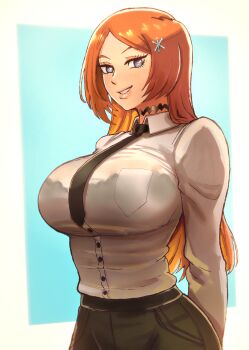 1girl alternate_eye_color arms_behind_back black_pants bleach breasts buttons choker female_focus hair_ornament hairclip highres inoue_orihime jewelry large_breasts lips long_hair necklace orange_hair pants simple_background snowflake_hair_ornament teeth upper_body xandredarium22