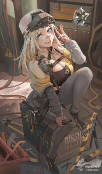 1girl :d absurdres artist_name bandaid bandaid_on_face bandaid_on_nose bare_shoulders black_shirt blonde_hair blue_eyes breasts brown_jacket centi_(nikke) cleavage crop_top dated fang goddess_of_victory:_nikke helmet highres holding jacket knee_up large_breasts long_hair looking_at_viewer nail_polish nose off_shoulder open_mouth orange_nails pants peaceterzero shirt sitting smile solo tools two-sided_fabric two-sided_jacket yellow_jacket yellow_shirt