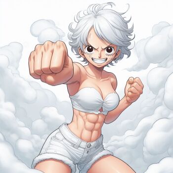 1girl abs artist_request breasts brown_eyes cleavage clenched_hands denim denim_shorts earrings eyelashes gear_fifth genderswap genderswap_(mtf) happy jewelry looking_at_viewer luffyko medium_breasts monkey_d._luffy one_piece scar scar_on_face short_hair shorts simple_background smile solo source_request standing white_background white_hair white_shorts