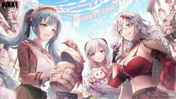 3girls admi_(nikke) antenna_hair bag beret black_skirt blue_hair box breasts brown_eyes chest_strap clothing_cutout commentary day gift gift_box goddess_of_victory:_nikke grey_hair grey_sweater handbag hat highres large_breasts light_blush long_hair medium_hair multicolored_hair multiple_girls navel official_art ozzingo pink_eyes privaty_(nikke) skirt stomach_cutout streaked_hair stuffed_animal stuffed_cat stuffed_toy sweater triangle_(nikke) twintails white_day yulha_(nikke)