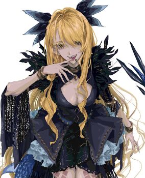 1girl blonde_hair bracelet breasts dark-skinned_female dark_skin dragon_girl dragon_horns dragon_tail dress facial_mark fate/grand_order fate_(series) horns jewelry large_breasts long_hair looking_at_viewer ngg_n open_mouth sharp_teeth side_labret_piercing simple_background smile solo tail teeth vritra_(fate) vritra_(second_ascension)_(fate) white_background yellow_eyes