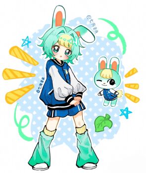 1boy animal_crossing animal_ears aqua_hair aqua_socks artist_name artist_request blonde_hair blue_background blue_jacket commentary english_commentary highres jacket leaf letterman_jacket nintendo rabbit_boy rabbit_ears sasha_(animal_crossing) socks third-party_source trap white_background
