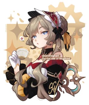 1girl anger_vein arm_under_breasts black_collar black_sleeves blue_eyes bonnet braid bright_pupils brown_hair bun_with_braided_base collar commentary cropped_torso cup detached_collar detached_sleeves frilled_sleeves frills gem genshin_impact gloves hair_bun hand_up highres holding holding_cup long_hair long_sleeves looking_at_viewer open_mouth red_gem sandragh sandrone_(genshin_impact) signature solo teacup twitter_username upper_body white_gloves white_pupils winding_key