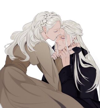 1boy 1girl a_song_of_ice_and_fire aemond_targaryen black_coat braid brother_and_sister brown_dress closed_eyes coat collar colored_eyelashes crown_braid dress facial_scar half-closed_eyes hand_on_another&#039;s_face hand_on_another&#039;s_wrist helaena_targaryen high_collar highres holding holding_another&#039;s_wrist holding_collar house_of_the_dragon incest jinniwiin kiss kissing_nose long_hair purple_eyes scar scar_across_eye scar_across_eyebrow scar_on_cheek scar_on_face siblings white_hair wide_sleeves
