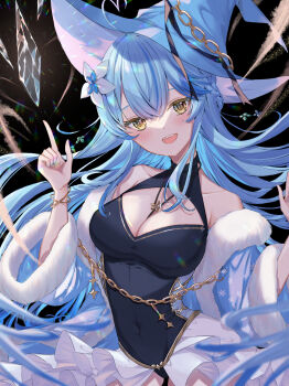 1girl absurdres ahoge aqua_coat aqua_hair aqua_nails blush braid breasts chain cleavage coat collarbone commentary_request covered_navel dress fingernails flower fur-trimmed_coat fur_trim hair_between_eyes hair_flower hair_ornament hat heart heart_ahoge highres hololive ice long_hair looking_at_viewer magic nail_polish open_mouth runlan_0329 sleeveless sleeveless_dress smile solo very_long_hair virtual_youtuber witch witch_hat yukihana_lamy