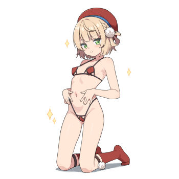 >:) 1girl adapted_costume alternate_breast_size_(smaller) bare_arms bare_shoulders beret bikini blush body_writing braid breasts brown_hair cameltoe closed_mouth covered_erect_nipples full_body green_eyes groin hat hatsunatsu highleg highleg_bikini indie_virtual_youtuber kneeling looking_at_viewer navel no_shoes red_bikini red_hat red_socks shadow shigure_ui_(vtuber) shigure_ui_(1st_costume)_(vtuber) simple_background sleeves_past_wrists small_breasts smile socks solo sparkle swimsuit v-shaped_eyebrows virtual_youtuber white_background