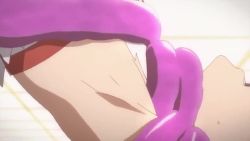 10s 1boy 1girl animated anime_screenshot armpits asuna_(sao) bound brown_eyes brown_hair clenched_teeth closed_eyes indoors looking_at_viewer matching_hair/eyes midriff navel open_mouth pointy_ears restrained suspension sweatdrop sword_art_online teeth tentacles titania_(sao) upside-down video