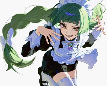 1girl apron black_shorts brown_eyes chithijin commentary_request green_hair highres juliet_sleeves lebanne_(pokemon) long_hair long_sleeves maid maid_apron maid_headdress nintendo open_mouth pokemon pokemon_legends:_z-a puffy_sleeves shorts solo standing standing_on_one_leg thighhighs white_background white_thighhighs