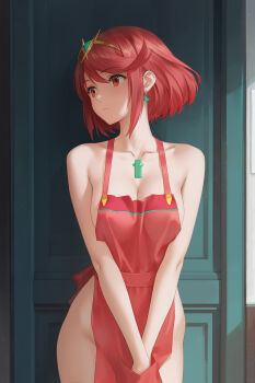 1girl apron breasts chest_jewel cleavage collarbone commentary covered_erect_nipples earrings highres jewelry large_breasts looking_to_the_side miura-n315 naked_apron own_hands_together pyra_(xenoblade) red_apron red_eyes red_hair short_hair solo swept_bangs thighs tiara xenoblade_chronicles_(series) xenoblade_chronicles_2