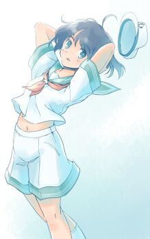 1girl aqua_background arms_behind_head arms_up black_hair blush breasts commentary_request feet_out_of_frame floating_hat gradient_background green_eyes green_sailor_collar hat knees midriff_peek murasa_minamitsu navel neckerchief one-hour_drawing_challenge parted_lips rangycrow red_neckerchief sailor_collar sailor_hat sailor_shirt shirt short_sleeves shorts sideways_glance small_breasts socks solo touhou white_shorts white_socks