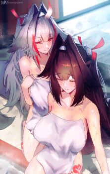 absurdres artist_name bare_shoulders breasts brown_hair closed_eyes collarbone commentary erasorpepero hair_between_eyes hair_ornament highres horse_girl horse_tail large_breasts long_hair multicolored_hair onsen red_eyes red_hair sitting smile steam tail tattoo towel water white_hair ye_shunguang zenless_zone_zero