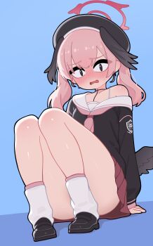 1girl absurdres arms_at_sides beret black_eyes black_hat black_shirt black_shoes black_wings blue_archive blue_background blush commentary convenient_leg full_body halo hat head_wings highres kaikye knees_up koharu_(blue_archive) loafers long_hair long_sleeves looking_at_viewer loose_socks low_wings mini_wings miniskirt neckerchief nose_blush parted_lips pink_hair pink_neckerchief pleated_skirt red_halo red_skirt sailor_collar school_uniform serafuku shadow shirt shoes single_bare_shoulder single_off_shoulder sitting skirt socks solo sweatdrop twintails twitter_username two-tone_background wavy_mouth white_sailor_collar white_socks wings