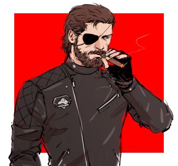 Rule 34 | 1boy, beard, black gloves, black jacket, border, brown hair, cigar, connected beard, diamond dogs, donlemefo, eyepatch, facial hair, fingernails, gloves, hashtag-only commentary, highres, holding, holding cigar, jacket, long sleeves, male focus, mature male, metal gear (series), metal gear solid v: the phantom pain, smoke, smoke trail, smoking, solo, upper body, venom snake, white border
