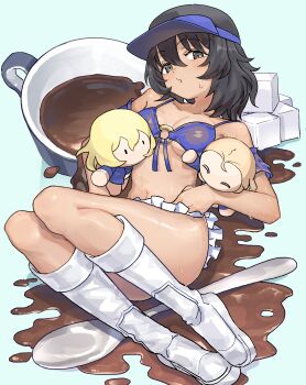 1girl absurdres andou_(girls_und_panzer) bc_freedom_school_uniform blonde_hair blue_bra boots bra breasts brown_hair coffee coffee_mug cup dark-skinned_female dark_skin doll girls_und_panzer hat highres holding holding_doll long_hair looking_at_viewer lying marie_(girls_und_panzer) medium_breasts mug on_back oshida_(girls_und_panzer) oshiri_seijin school_uniform short_hair simple_background solo spoon sugar_cube sweat underwear white_background white_boots