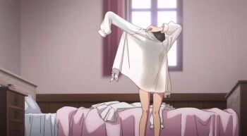 1girl alina_clover animated audible_speech bed bed_sheet bedroom black_bow black_bowtie black_hair black_ribbon black_skirt blush bow bowtie braid breasts collared_shirt dot_nose dress female_focus fingernails frilled_skirt frills green_eyes guild_no_uketsukejou_desu_ga_zangyou_wa_iya_nanode_boss_wo_solo_toubatsu_shiyou_to_omoimasu hair_bow hair_ribbon indoors japanese_audio large_breasts legs long_fingernails long_hair looking_at_mirror looking_at_viewer miniskirt mirror multicolored_hair nude pillow pleated_skirt purple_dress ribbon see-through_clothes see-through_shirt see-through_silhouette sexually_suggestive shirt shirt_tucked_in skirt smile solo solo_focus sound tagme thighs two-tone_hair video white_shirt window window_blinds