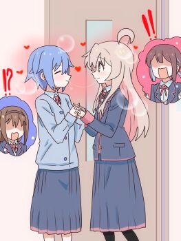 ! !! !? 4girls after_kiss ahoge black_jacket black_skirt blue_hair brown_eyes commentary faceless faceless_female facing_another fujimi_nemu fushimi_nodoka grey_jacket heart highres holding_hands hozuki_momiji indoors interlocked_fingers jacket karuta_(karuta01) long_hair long_skirt long_sleeves looking_at_another multiple_girls neck_ribbon onii-chan_wa_oshimai! oyama_mahiro pink_hair pleated_skirt red_ribbon ribbon saliva saliva_trail school_uniform shaded_face short_hair skirt smile yotsuba_university_affiliated_junior_high_school_uniform yuri