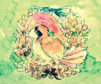 Rule 34 | animal focus, bird, black eyes, blue ribbon, closed mouth, full body, gen 1 pokemon, nintendo, no humans, non (kumakawayusu), painting (medium), pidgeotto, pinecone, pokemon, pokemon (creature), ribbon, simple background, solo, traditional media, watercolor (medium)