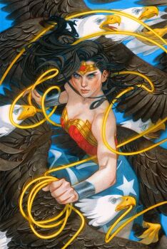 acrylic_paint_(medium) bald_eagle bare_shoulders bird black_hair blue_background blue_eyes blue_skirt bracer breasts cleavage closed_mouth colored_pencil_(medium) cowboy_shot dc_comics eagle forehead_protector gold_trim holding_lasso lasso long_hair looking_at_viewer medium_breasts my_name_is_tran official_art painting_(medium) red_shirt shirt skirt superhero_costume toned toned_female traditional_media wonder_woman wonder_woman_(series)